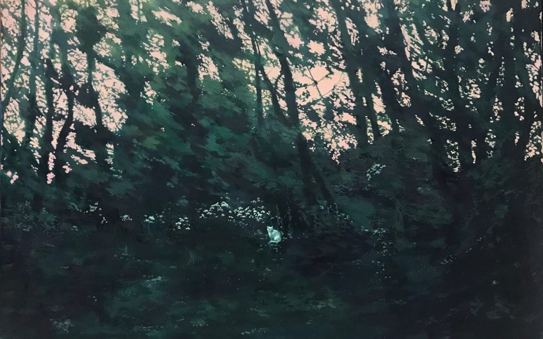 Yang white cat in the woods painting